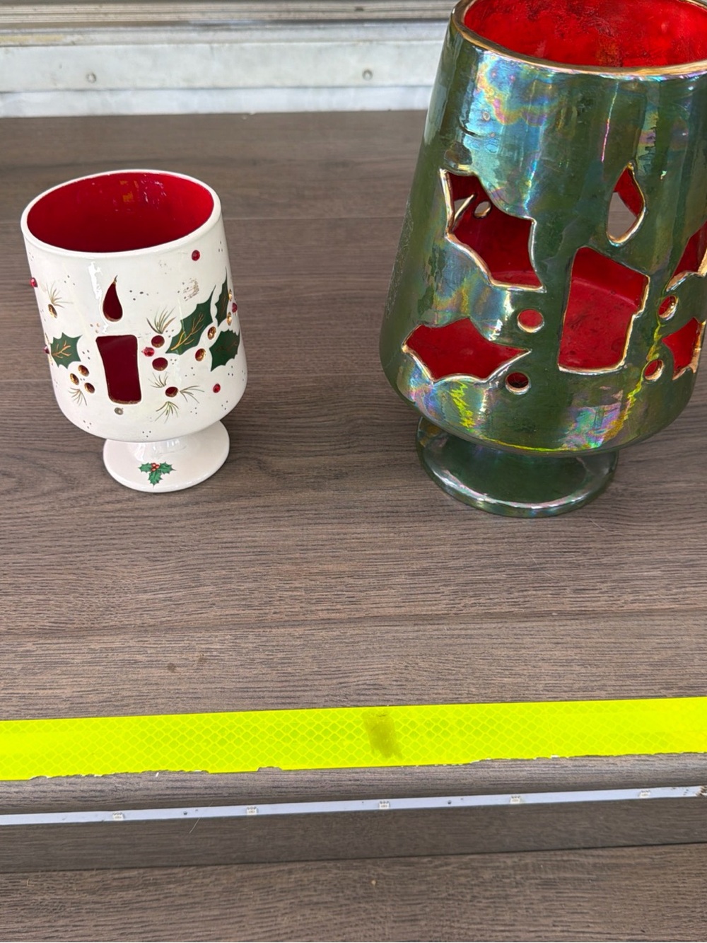 Rare 60’s/70’s Holiday Ceramic Candle Holder Luminaries Gold trim